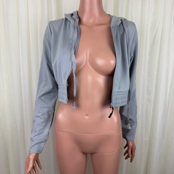 NWOT New Mix Long Sleeve Zipper Front Cropped Hoodie Sweatshirt Sz MD Gray - Picture 7 of 10